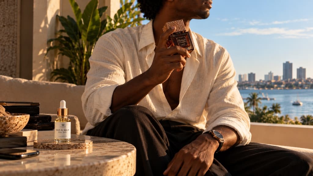 Ambiance Maison Mardjan — homme sur une terrasse ensoleillée avec flacons de parfum